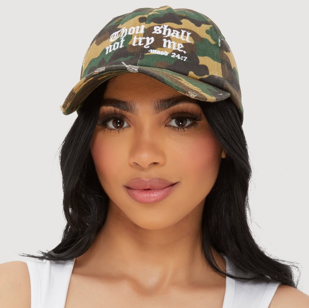 Camouflage Distressed Cap with Embroidered Text Thou Shall Not Try Me Mood: 24/7